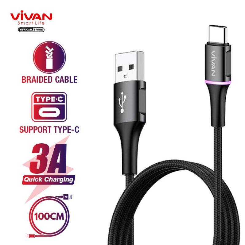 Vivan Kable Data Halo Micro USB/Type-C/Lightning 3A Quick Charge LED 100CM VDC100 Garansi Resmi 1 Tahun