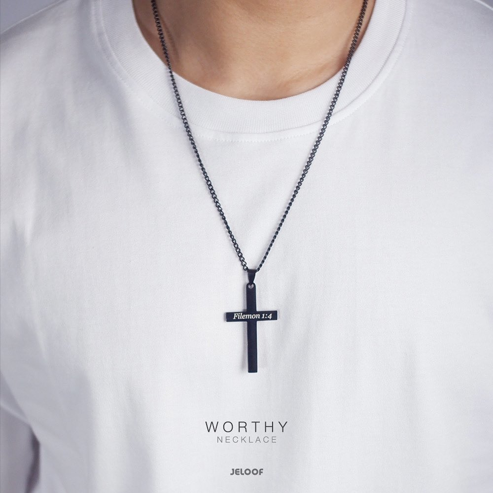 Jeloof - Kalung Salib WORTHY BLACK | (FREE POUCH) + BISA UKIR ! | Worthy Black Titanium Steel Anti Karat Anti Luntur - Kalung Salib Worthy Premium Black Hitam | kalung salib hitam pria | kalung salib hitam wanita | kalung antikarat