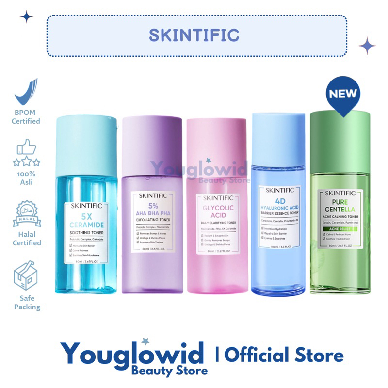 SKINTIFIC Pure Centella Acne Calming Toner | 5X Ceramide Soothing Toner | 4D Hyaluronic Acid Barrier Essence Toner | 5% AHA BHA PHA Exfoliating Toner | Glycolic Acid Daily Clarifying Toner | Toner Wajah Menghidrasi Melembabkan Menenangkan Skin Barrier