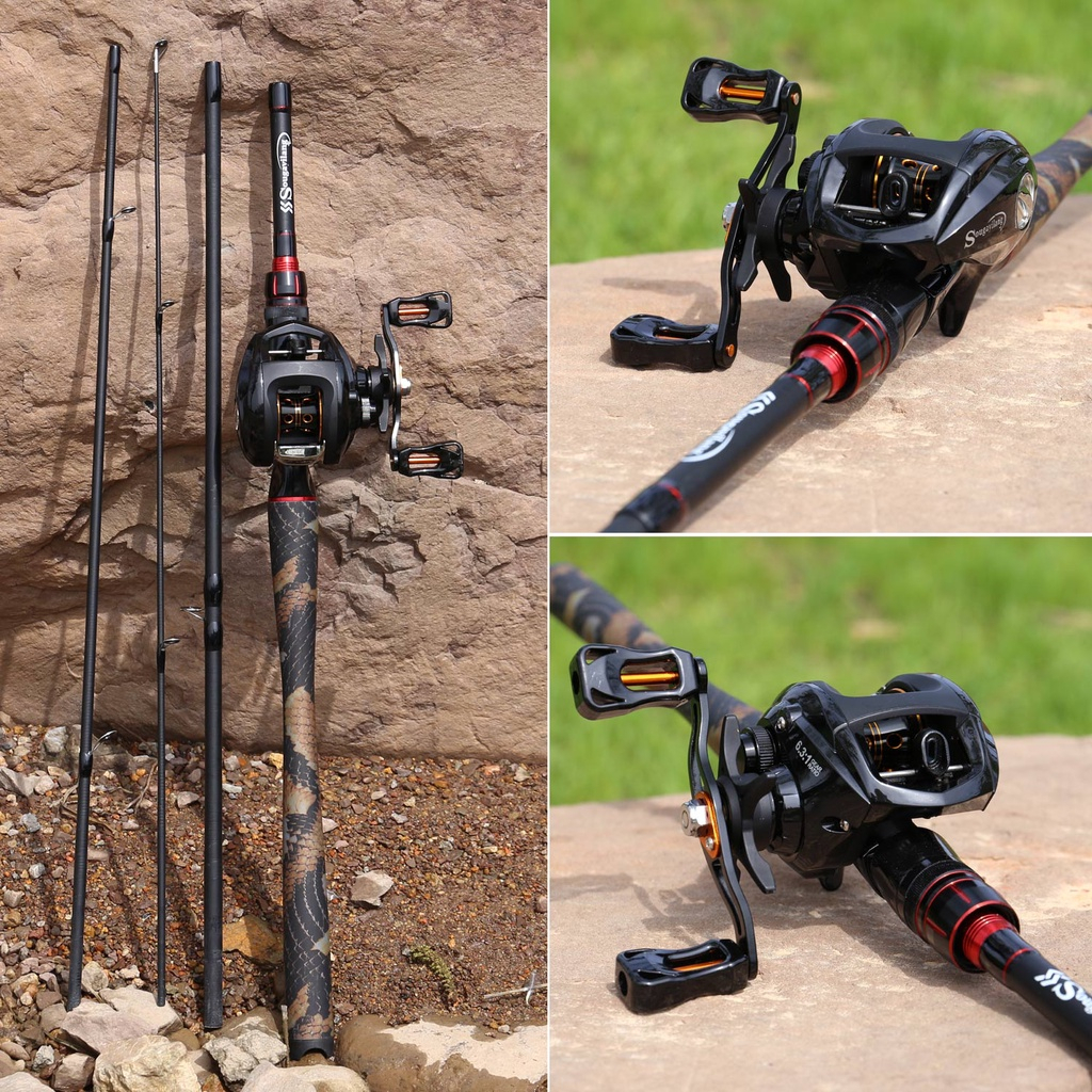 Joran Pancing Set Sougayilang 1.98m M Power Carbon Fiber 4 Sections Fishing Rod and 12+1 6.3:1 Fishing Reel Combos Max Drag 17.6lb