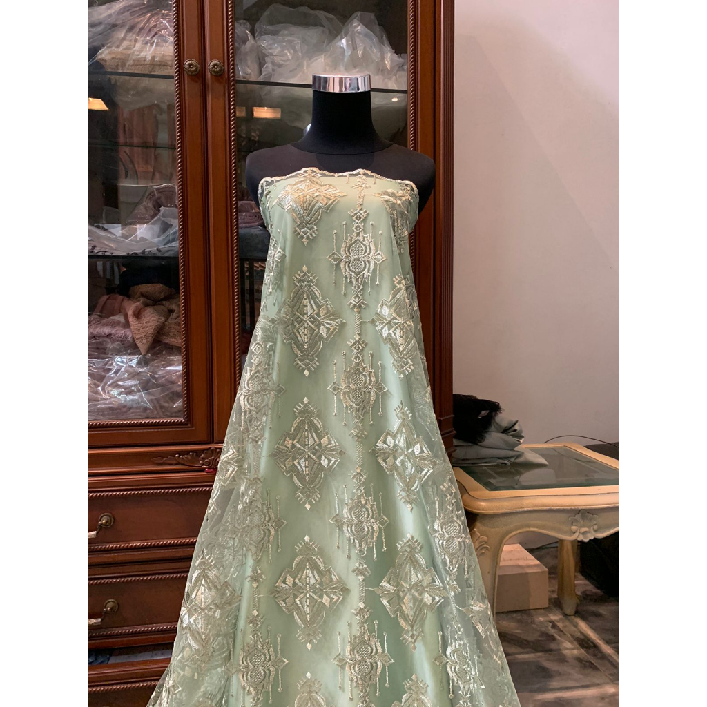 Bahan Kain Kebaya Brokat Tile Keraton Etnik Diamond Warna Sage Green