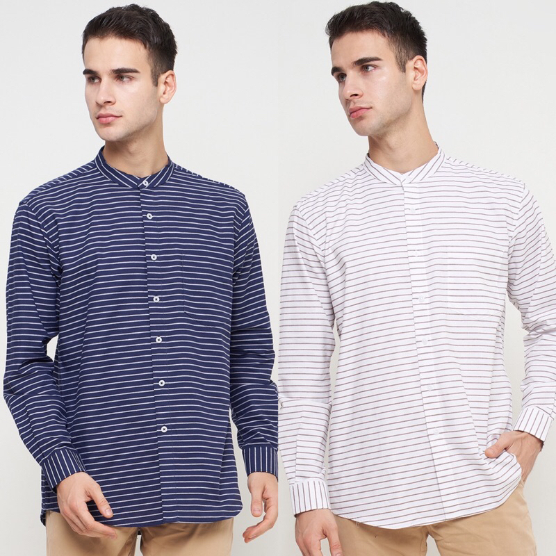 Kemeja Pria Lengan Panjang Kerah Shanghai Oxford Garis | Matt Oscar