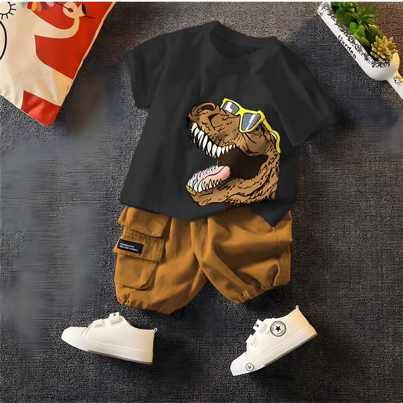 Setelan pakaian baju bayi anak laki-laki dan perempuan (UNISEX) motif T-rex Glasses usia 6 bulan-5 Tahun bahan katun