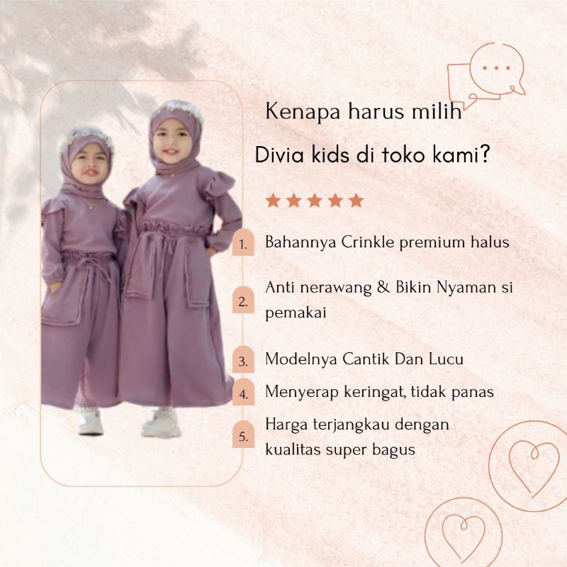 Divia kids 5-6 tahun /stelan atasan+celana anak perempuan terbaru 2023/Baju muslim anak kekinian