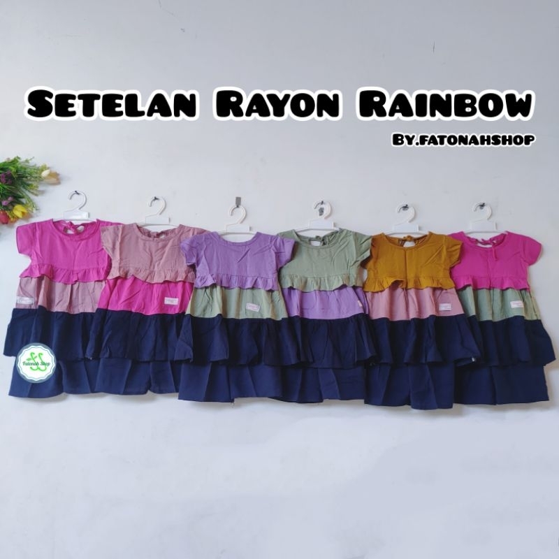 Setelan Anak 1 2 3 Tahun Anak Cewek Perempuan Rayon Rempel Tumpuk Raibow pelangi lucu Kekinian Set Anak Terbaru ( Setelan Rayon Rainbow )