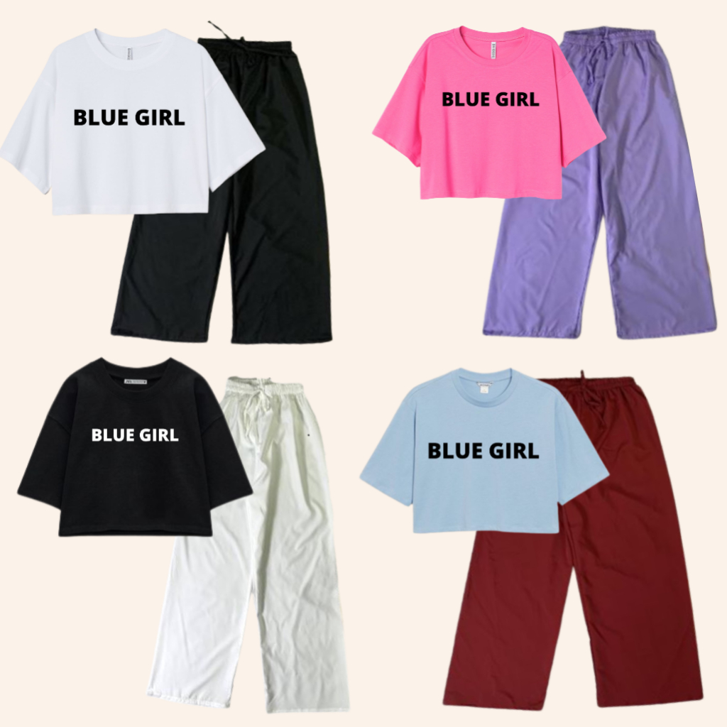 JBF Baju Crop Cewek Korea / One Set Crop Dan Celana Panjang Blue Girl