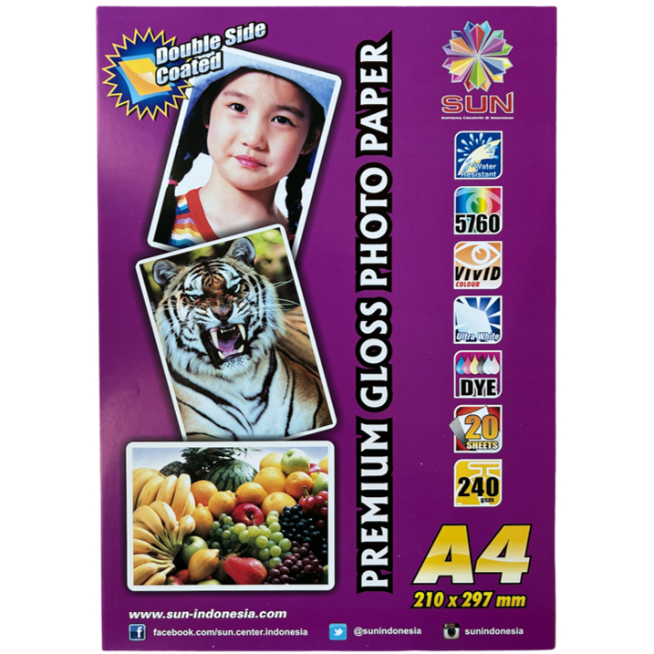 Kertas Foto A4 Sun Premium Gloss Photo Paper A4 120gsm / F4 140gsm / A4 240gsm Double Side