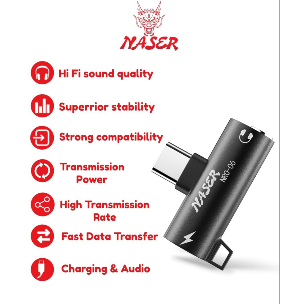 NASER OTG TYPE C TO 3.5MM AUDIO NRO-06 / OTG SPLITER CONVERTER 2in1 Sambungan Headset dan Charger Usb C