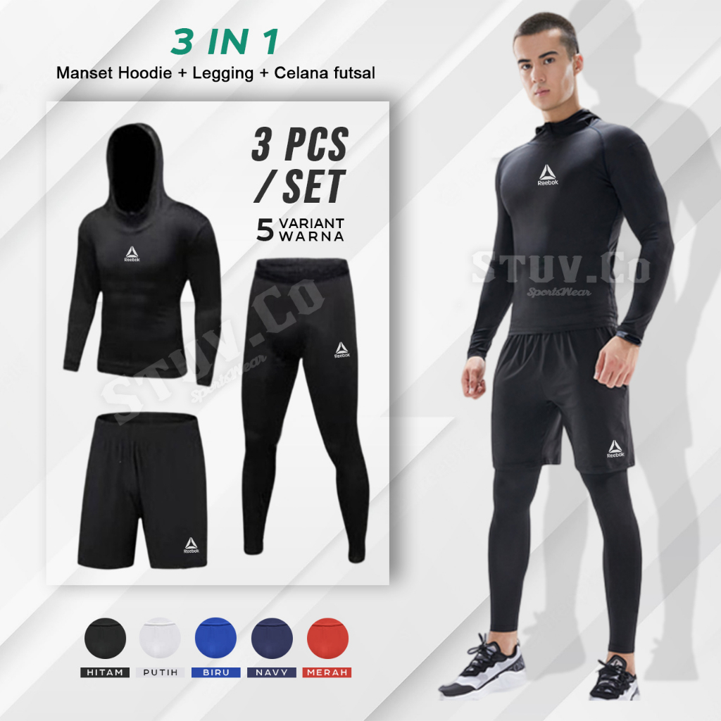 PAKET 3IN1 SETELAN BASELAYER OLAHRAGA MANSET HOODIE LEGGING PANJANG DAN CELANA DRY FIT FUTSAL SEPAKBOLA GYM FITNESS LARI BASKET 5 WARNA