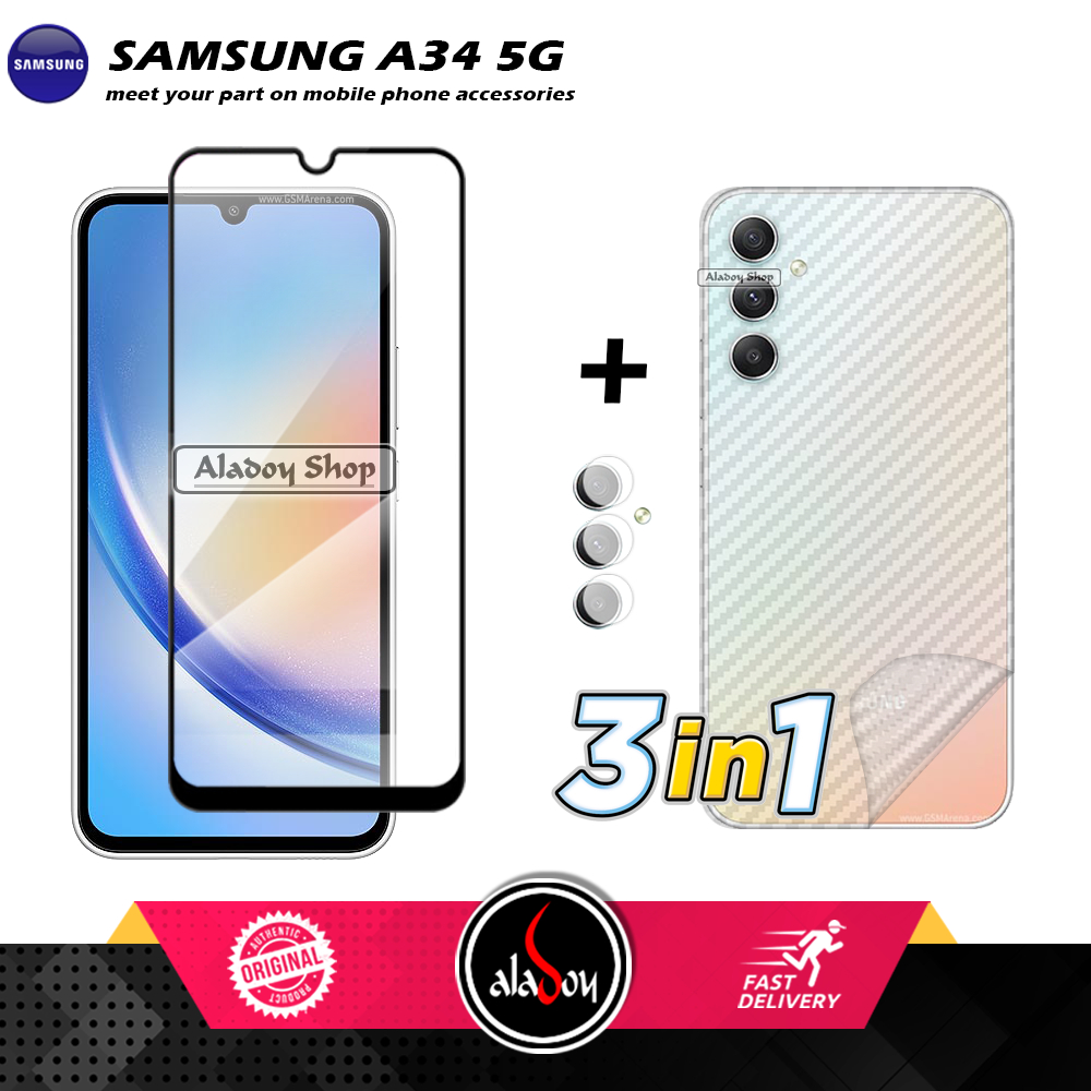 PAKET 3 IN 1 Tempered Glass Layar Samsung A34 5G Free Tempered Glass Camera dan Skin Carbon