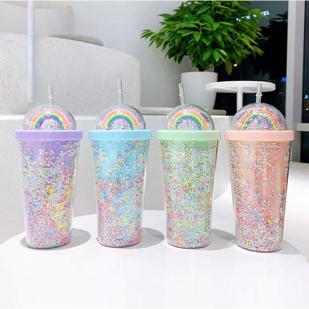 STV Botol Minum Tumbler Glitter Rainbow Pelangi Foam 550ml Gelas Cantik Unik Kado Lucu