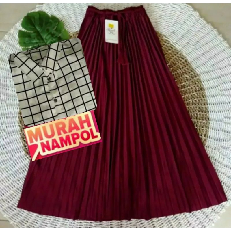 One Set Setelan Rok plisket Rempel besar dan kemeja kotak kotak monalisa #Pakaian wanita muslimah  #