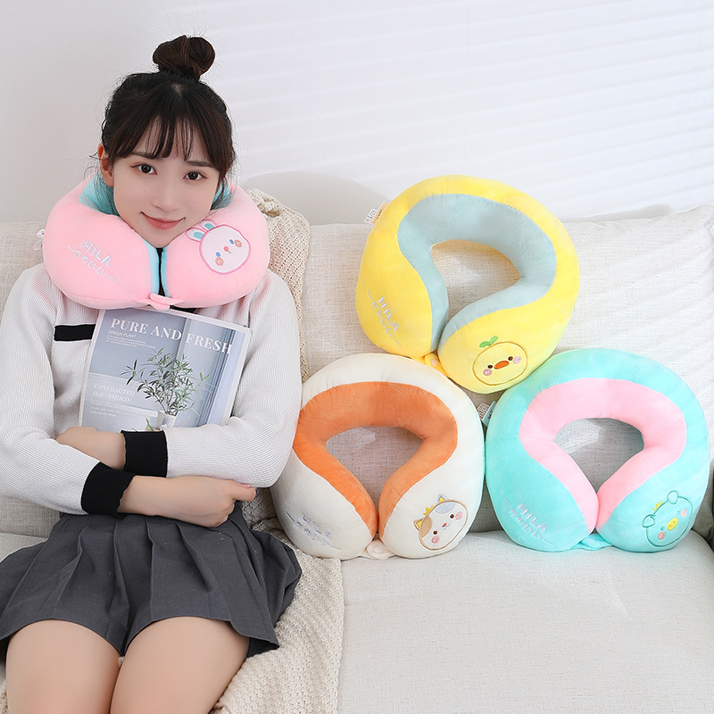 BU3NE New Ear Bantal Leher U-Shape Travel Neck Pillow Blue Empuk Kantor Istirahat Nyaman Dakron Poliester Mobil Perjalanan Lucu Kartun dino shiba shark blue pink bunny pooh besar dewasa melingkar Lembu halus mobil pesawat