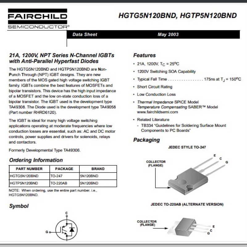 IGBT HGTG5N120BND 5N120BND 21A 1200v