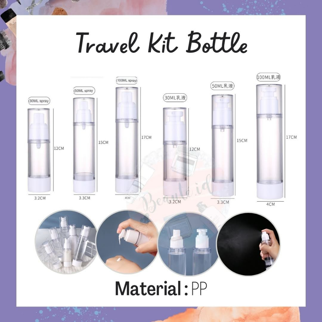 Travel Kit Bottle Refill Aesthetic Premium Botol Wadah Isi Ulang Sampo Sabun Lotion Skincare Model Spray Water Pump Untuk Travel Perjalanan Aman Digunakan Model Tekan Bahan PP Berkualitas Tanpa Selang