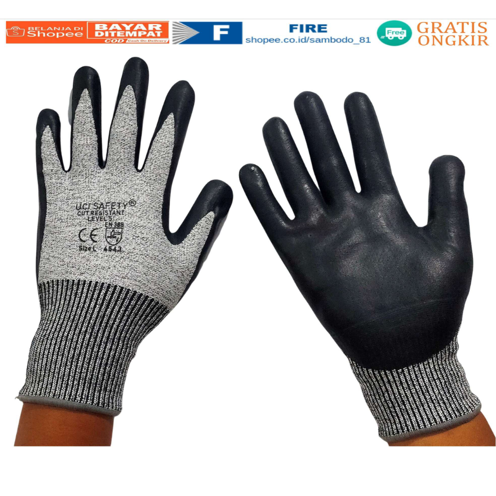 Sarung Tangan Glove Cut Resistant level 5 Anti Pisau potong coated coating tapak dilapisi Nitril Hitam