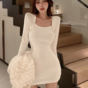 【Elegant】Long Sleeve Square Neck Plain Ribbed Mini Knit Dress 2142