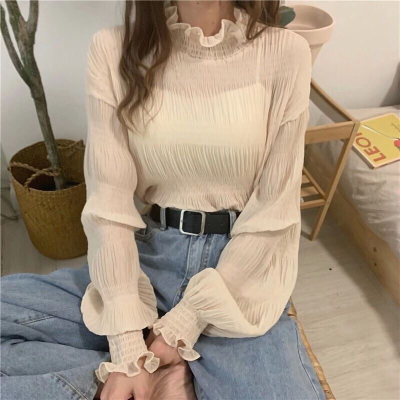 Versi Korea Longgar All-Match Lengan Panjang Chiffon Temperamen Renda Kemeja Turtleneck Bottoming Top bell sleeves