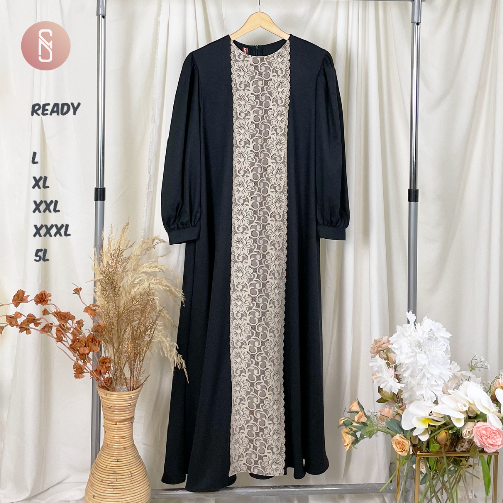 Myshawl Halima Gamis Brukat Crinkle Jumbo Big Size Uk M XL XXL XXXL 5L LD 94 100 110 120 130 140-Black