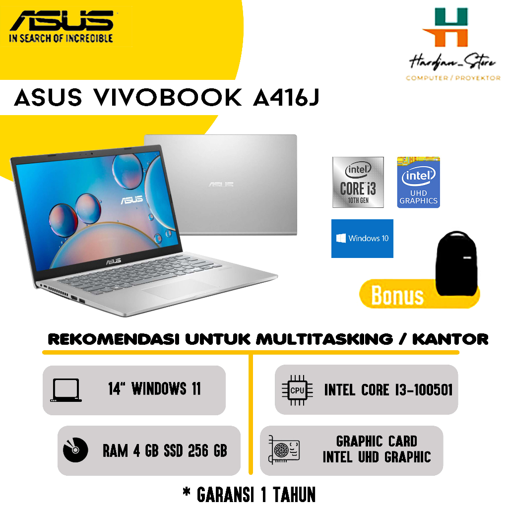 LAPTOP MURAH ASUS VIVOBOOK A416J GARANSI, I3-100501, 4/256GB, NEW