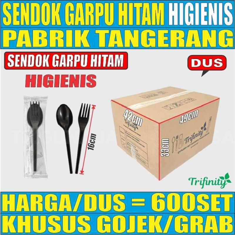 Sendok Garpu Plastik Higienis Hitam Per Dus Sekali Pakai Steril Murah TRIFINITY