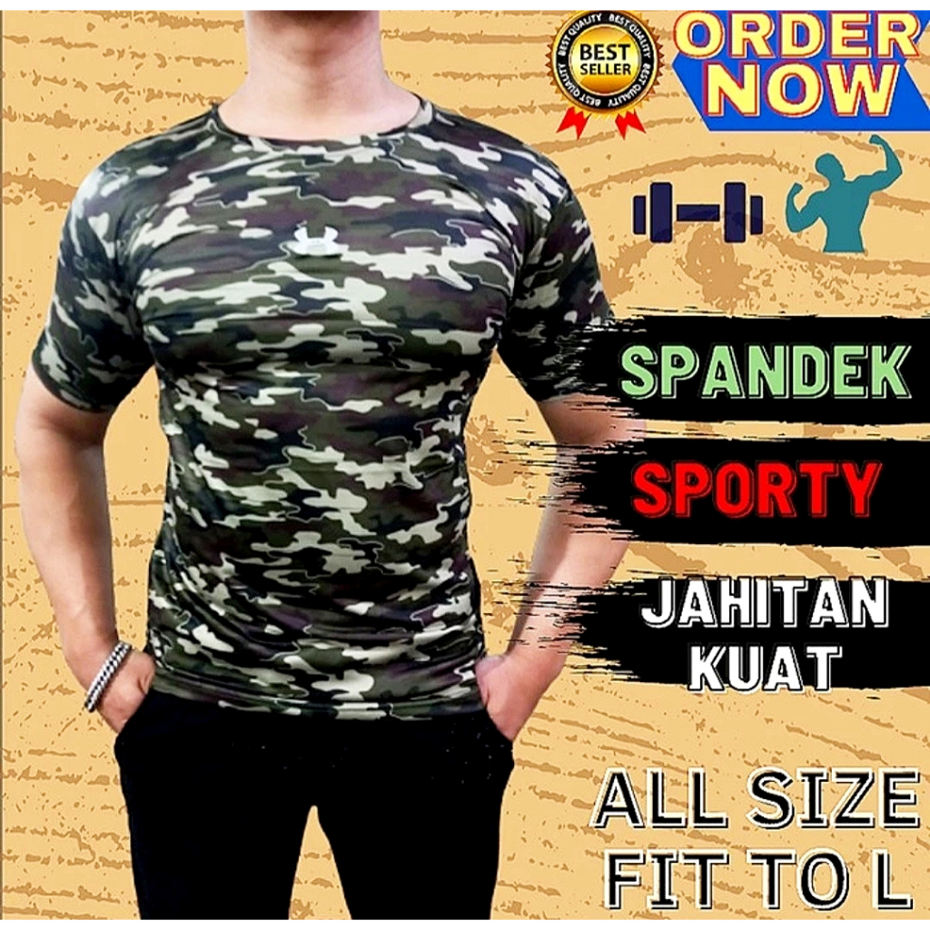 Kaos Gym Press Body Lengan Pendek Pria Motif Loreng Army Bahan Spandek Ketat