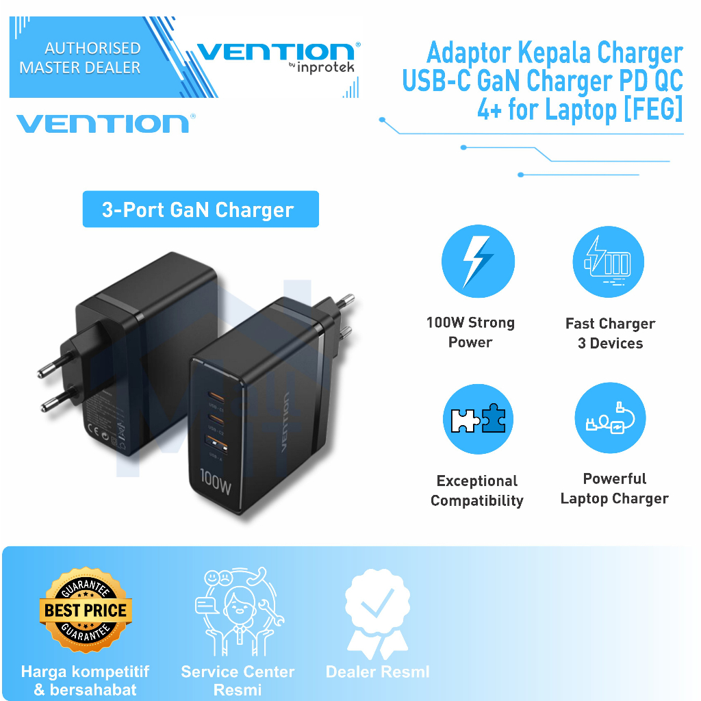 (Bisa Cod) Vention Adaptor Kepala Charger USB-C GaN Charger PD QC 4+ Laptop FEG