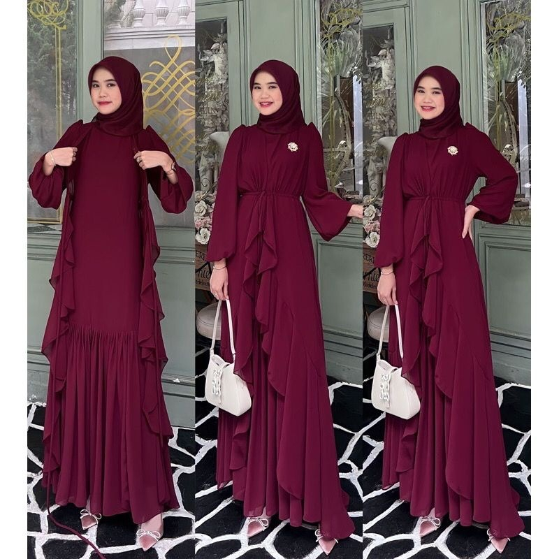 Airin Dress Ceruty Babydoll Full Puring LD 110 cm PJ 137 cm / Gamis Kondangan / Dress Pesta / Baju Muslim Wanita Terbaru 2023 / Gamis Wanita