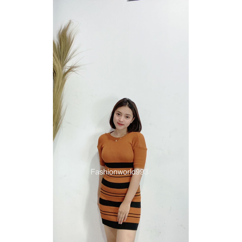 Dress Bodycon Knit Wanita Dress Rajut Salur Tebal