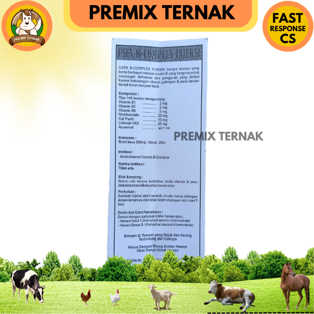 USFA B COMPLEX injeksi 500ml - Vitamin B complex Komplek Kompleks Hewan Sapi kambing Domba Babi Ayam Dll