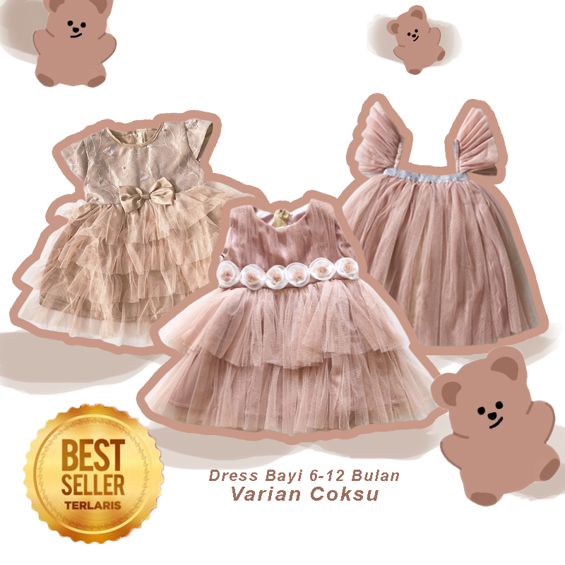 Dress Bayi Perempuan 0 6 Bulan Style Korea Import Baju Warna Coklat Susu Coksu Gaun Tutu Anak Cewe Terlaris 2023 Dress Warna Mocca Millo Coksu Bahan Tile Satin