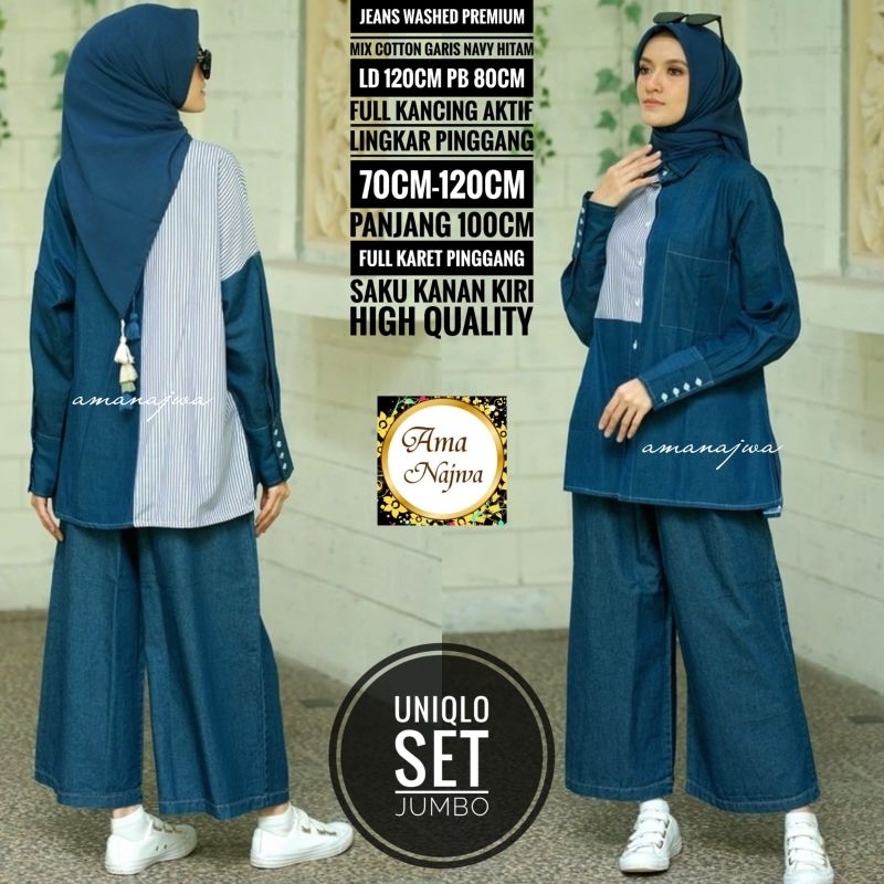 Neww Uniqo One Set Setelan Celana Tunik Navy Jeans Mix Katun Ld 120 Jumbo Fit XXXL Busui Kancing By 