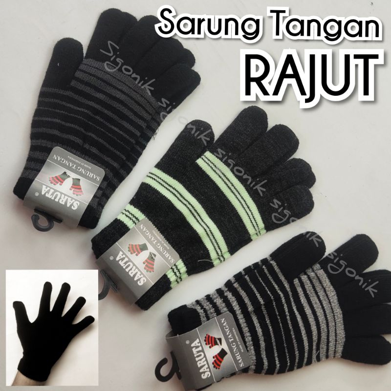 Sarung Tangan Rajut Dewasa Hitam Polos Motif Salur Motor Pelindung Bahan Wol Katun Polyester Spandek Saruta Kerja Proyek Perlengkapan Cewek Cowok Pria Driver Pengemudi Sigonik