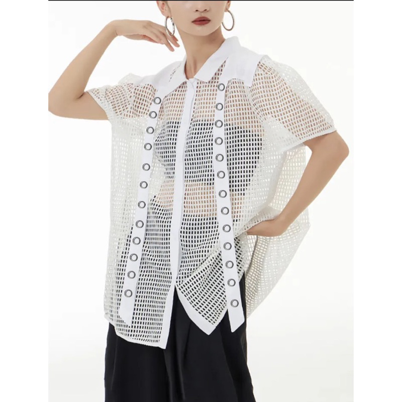 Blouse Jaring Puffy Sleeves / kemeja jala harajuku style / blouse jaring korea