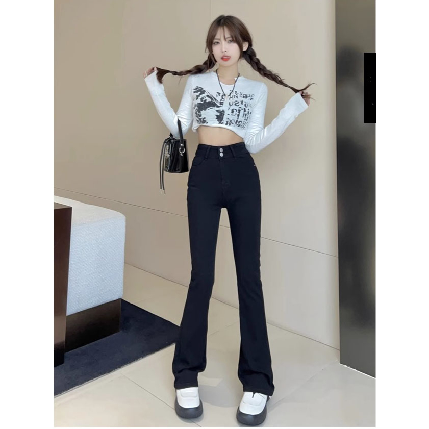 Celana Cutbray Jeans  Wanita Stretch Highwaist Import Hitam / Abu abu