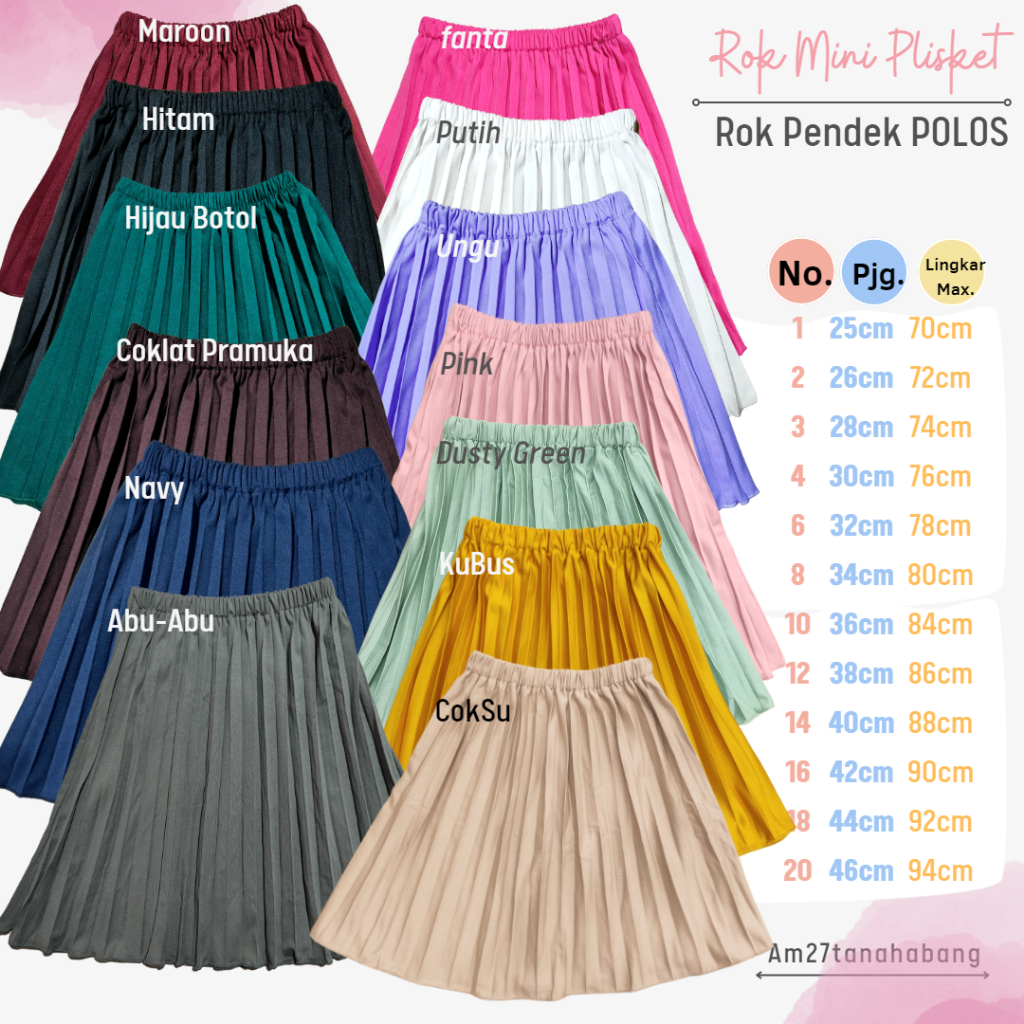 Rok Plisket Pendek POLOS Anak 1-12 tahun RMP-010 Lengkap Warna RMP-010 HPPW