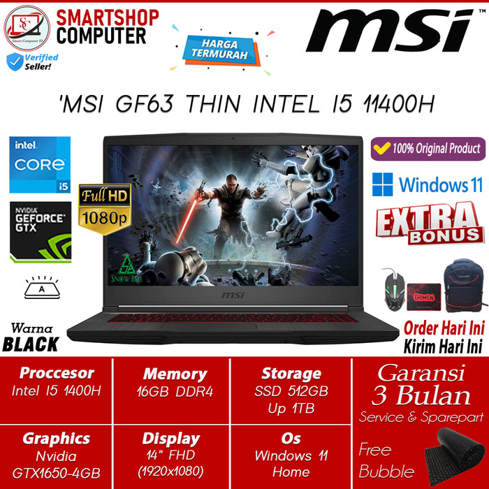 Laptop Gaming MSI GF63 Thin Intel I5 11400H 16GB 512GB GTX1650 4GB Max Q FHD Win11