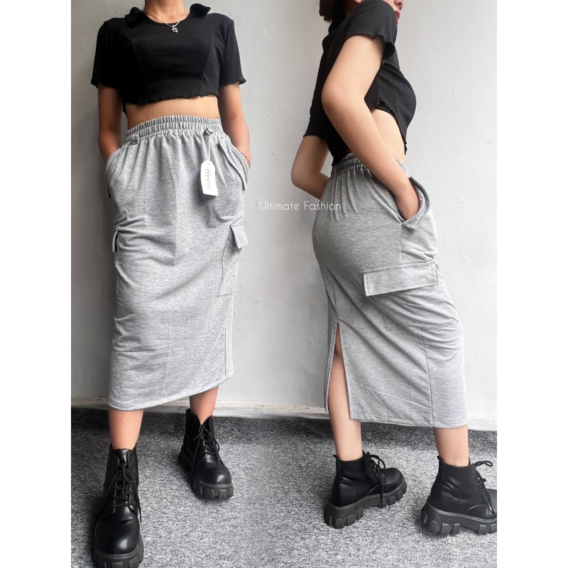 Alexa Cargo Skirt - Rok Midi Wanita Import - Cargo Pocket - Rok Kargo Korea