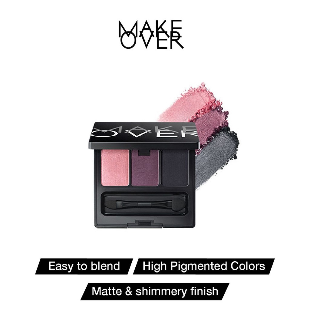 MAKE OVER Trivia Eye Shadow Indonesia / Eyeshadow Palette 6g / Easy To Blend High Pigmented Colors 3 In 1 Palette / Long Wearing Lightweight Buildable Crease Resistant Brush Applicator / Pulas Mata / Natural Glitter / Cosmetic Makeup Eyes Make Up Series