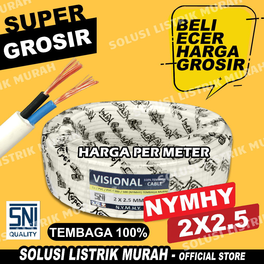 Kabel Listrik NYYHY NYMHY SNI Serabut Tembaga 2x2.5 Meteran 2x2.5 NYY HYO Kabel Hitam Putih Tembaga Asli