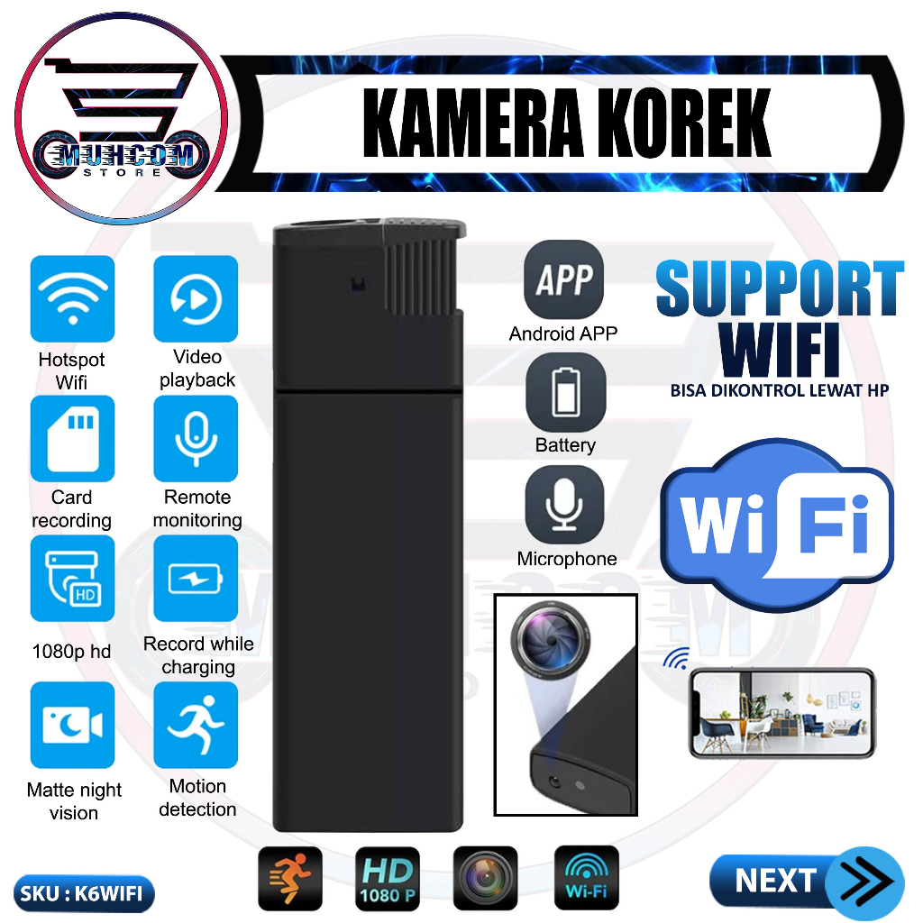 Spycam Camera Mini Wifi K6 V18 Korek Lighter Elektrik Full HD 1080P 4K APP Control Monitoring Hidden