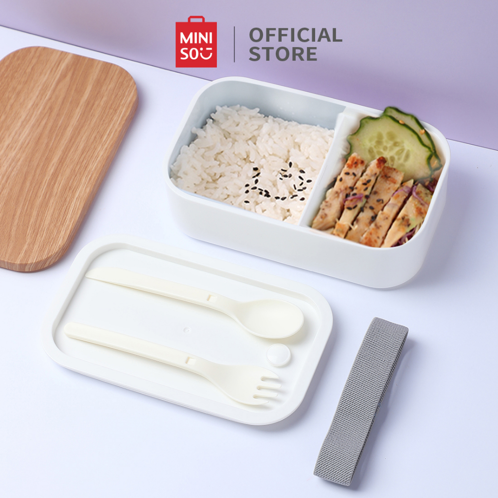 MINISO Kotak Makan 900ml + Gratis Sendok Garpu Lunch Box 2 Grids Tempat Bekal Kayu Imitasi Besar Ben