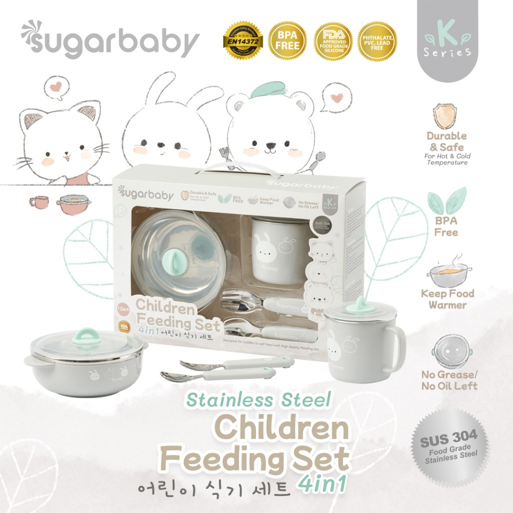 Sugar Baby Stainless Steel Children Feeding Set 4in1 (K-Series)/Set Alat Makan Bayi/Perlengkapan MPASI Bayi Tempat Makan Bayi fedding Set Bayi Peralatan Mpasi Tempat minum bayi tempat Minum Anak Lunch Box Bowl Children And fork Tempat Makan Bayi Stainless