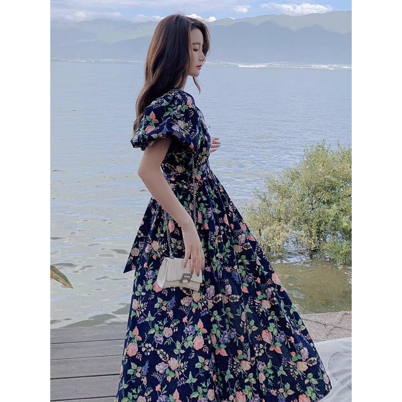 Floral Long Dress Fairy Lantern Slevees Navy M479