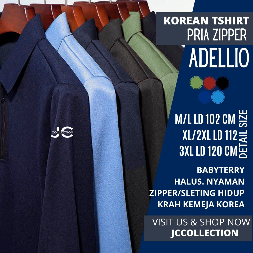 Kaos Pria kerah Lengan Panjang Pria Gaya Korea variasi seleting Adelliyo / Tshirt Kaos Pria Korea Style JCCollections