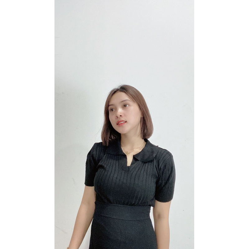 Atasan Kerah polo Rajut - Vneck Crop Top Blouse - Polo Shirt Atasan Wanita