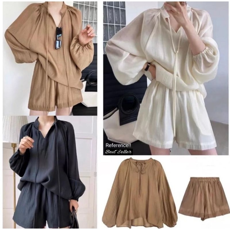 ♡ PREMIUM ♡ ORIGINAL ! CRAILLE CRINKLE 2 IN 1 SET TIED NECK LONG SLEEVE BLOUSE WITH SHORT PANTS