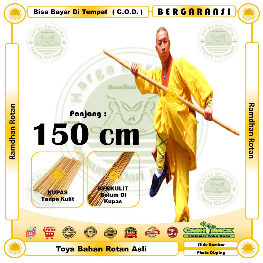 Toya Rotan Panjang 150 cm - Toya Beladiri Bahan Rotan 150cm - RAMDHAN ROTAN - Tongkat Wusu