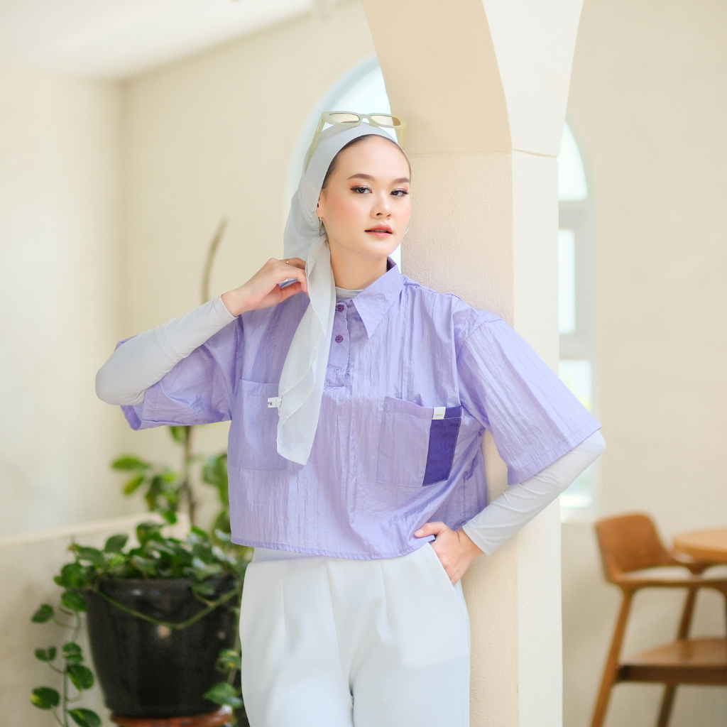 Counique Atasan Kemeja Wanita Crop Top Nylon Crinkle Ungu Lilac Daegu LD 120