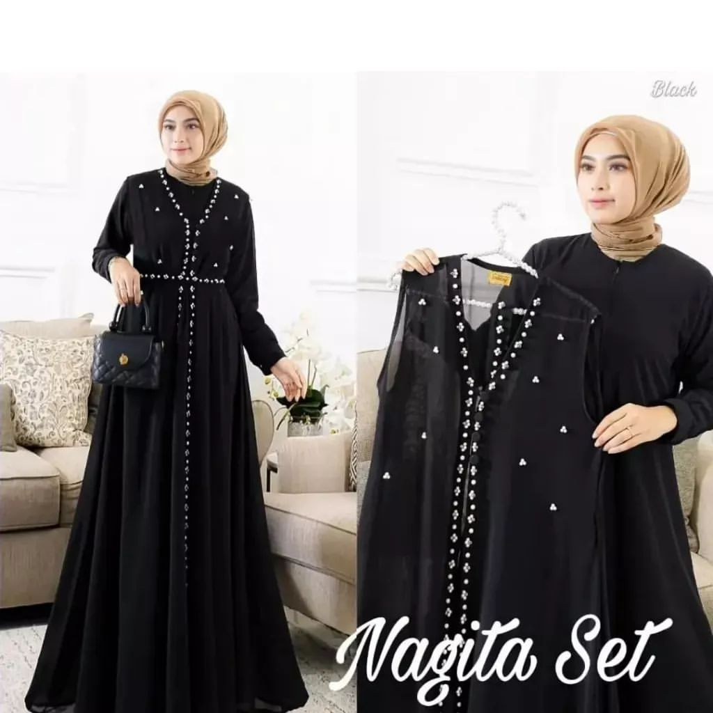 GAMIS WANITA SET NAGITA DRESS BAHAN CERUTY APLIKASI MUTIARA LD 100 - 120 CM PB 140 CM GAMIS WANITA TERBARU 2023 / DRESS CERUTY BABYDOLL PREMIUM / MAXY DRESS WANITA JUMBO / PAKAIAN MUSLIM WANITA